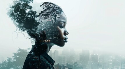 Wall Mural - a double exposure portrait of a woman blended with a cityscape and natural elements, providing ample text copy space.
