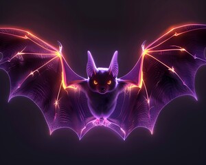 Wall Mural - Neon Bat Creature in Flight on Black Background with Glowing Eyes and Outstretched Wings
