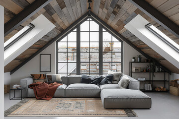 Canvas Print - Cozy Attic Living Room with Scenic Window