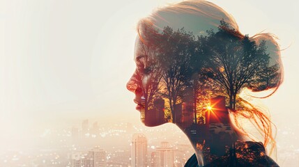Wall Mural - a double exposure portrait of a woman intertwined with urban and natural landscapes, offering ample text copy space.