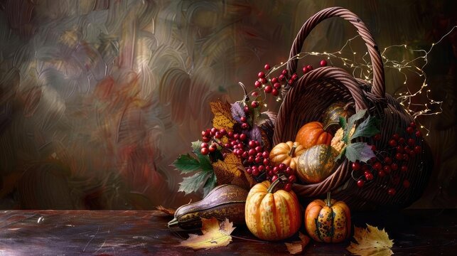 Autumn harvest still life with pumpkins, berries, and leaves in a rustic wicker basket, set against a moody, artistic background.