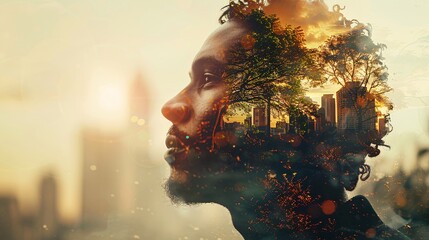 Wall Mural - a double exposure featuring a man's portrait combined with urban and nature scenes, with plenty of text copy space.