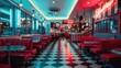 © songwut - A retro diner-themed coffee shop with checkered floors, neon signs, and vintage diner booths, set in a nostalgic 1950s setting.