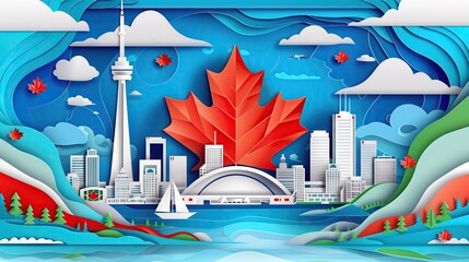 Canada Day celebration illustration on a maple leaf flag background with Canadian landmarks in Toronto and Ontario in paper cut art style.