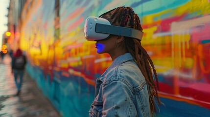 a professional graphic designer uses VR goggles to create colorful, futuristic digital art on a wall, showcasing innovation in street art.