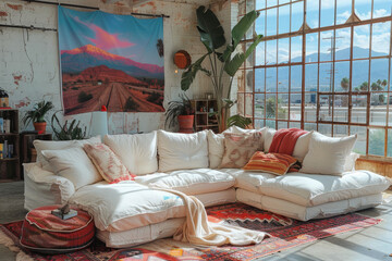 Poster - White Living Room with Sofa and Plants