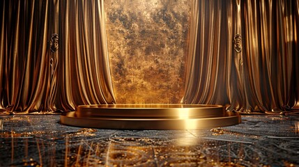 Wall Mural - a luxurious golden podium with an elegant curtain background, perfect for showcasing product presentations with a touch of sophistication