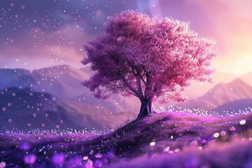 Wall Mural - enchanting pink tree on hilltop surrounded by purple flowers in a magical forest concept illustration
