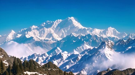 Wall Mural - Kangchenjunga mount landscape under a clear blue sky, Kangchenjunga, mountain, peak, summit, landscape, nature, blue sky, clear, serene, Himalayas, snow-capped, scenic, outdoors, wilderness