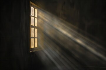 Wall Mural - ethereal rays of sunlight piercing through window illuminating dark room with hope and shadow