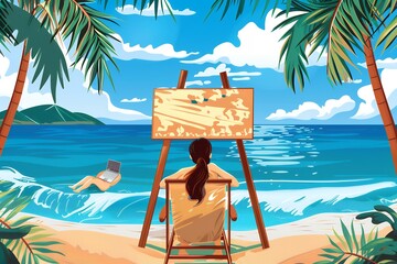 Wall Mural - `A digital nomad working on the beach with a 