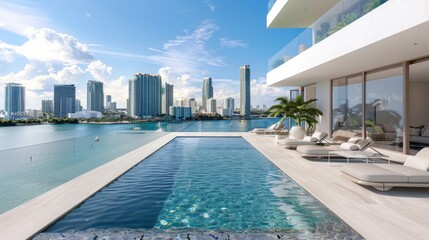 Wall Mural - Luxury penthouse terrace with a swimming pool overlooking Miami, generative AI
