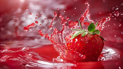 strawberry splash into red juice liquid. 