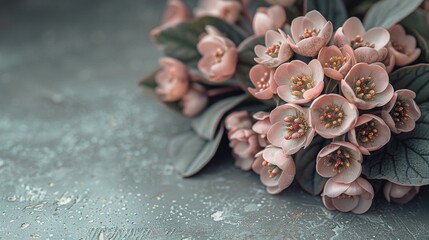   A close-up of flowers, with green leaves above and below them