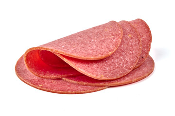 Wall Mural - Thin salami sausage slices, isolated on white background.