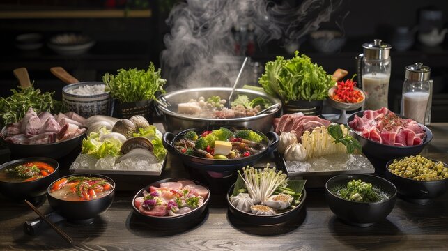 A tantalizing hot pot spread featuring a variety of meats, seafood