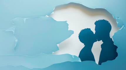 Wall Mural - Cut-out paper background of a gay man couple kissing on wedding day on blue background with copy space