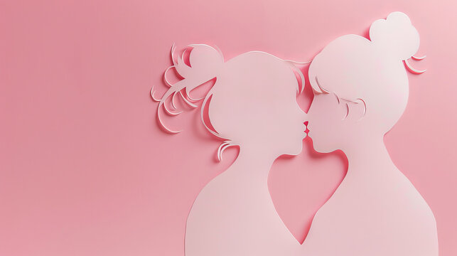 Cut-out paper background of a gay lesbian woman couple kissing on wedding day on pink background with copy space