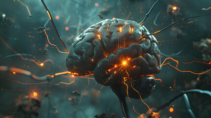 Wall Mural - brain connected to technology