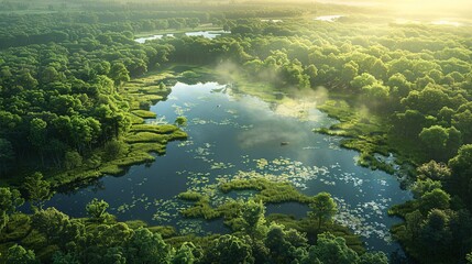 Wall Mural - the essence of outdoor nature from the air, featuring expansive fields, forests, and serene bodies of water