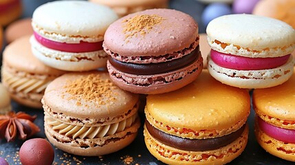   A group of macaroons rests on the table with adjacent macaroni and cheese