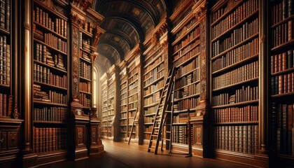 Wall Mural - majestic library full of classic books with a rolling ladder attached to the bookshelf.