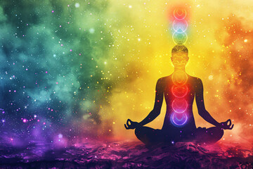 Wall Mural - concept of meditation and spiritual practice, expanding consciousness, chakras, and astral body acti