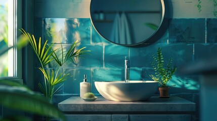 Wall Mural - Modern bathroom sink with a round mirror hanging on wall and a potted plant. AI generated image