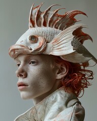 Wall Mural - A young girl with red hair wearing a fish hat on her head. AI.