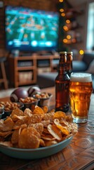 Canvas Print - A beer and snacks are on the table in front of a tv. Generative AI.