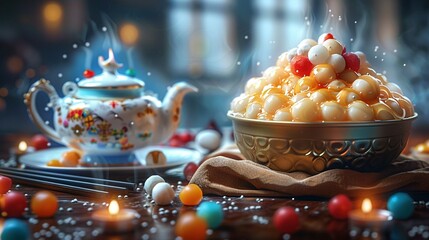 Wall Mural -   A bowl of candy sits atop a table beside a teapot and a plate of sweets