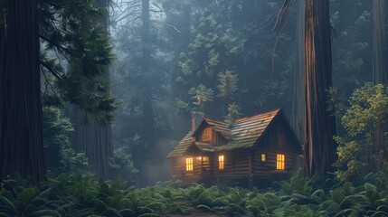 Wall Mural - Misty morning in the redwood forest, highlighting a cozy cabin surrounded by ancient trees