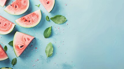 a summery flat lay arrangement with watermelon pieces on a blue background, celebrating the joys of summer and delicious, juicy fruit