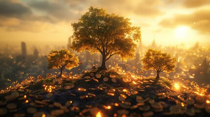 Wall Mural - A tree is surrounded by a pile of gold coins