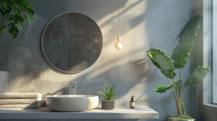 Wall Mural - Modern bathroom sink with a round mirror hanging on wall and a potted plant. AI generated image
