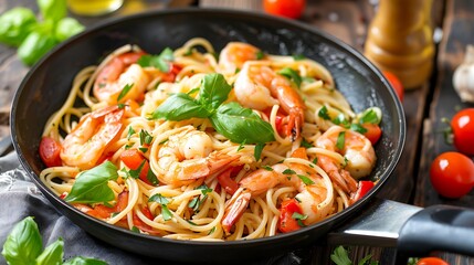 Sticker - Spaghetti pasta with shrimp and vegetables in wok pan on the table