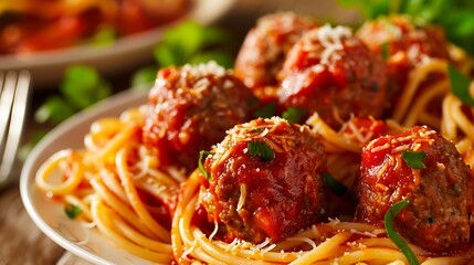 Wall Mural - spaghetti with meatballs and tomato sauce pasta