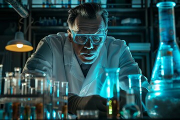 Sticker - A man in a lab coat and goggles working with test tubes and equipment in a laboratory setting, A scientist surrounded by test tubes and equipment