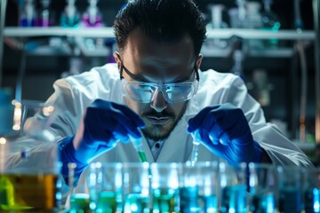 Sticker - A man wearing a lab coat and goggles stands amid test tubes and equipment in a laboratory setting, A scientist surrounded by test tubes and equipment