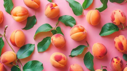 Wall Mural - a summertime-inspired flat lay composition showcasing delicious apricots, highlighting their role as a healthy and refreshing summer food