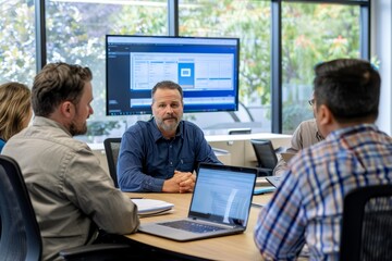 Sticker - Employees engaged in a training session with their laptops at a conference table, A security awareness trainer educating employees on cybersecurity best practices