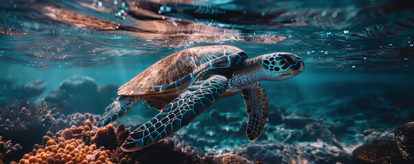 Wall Mural - Sea Turtle swimming underwater under sea life

