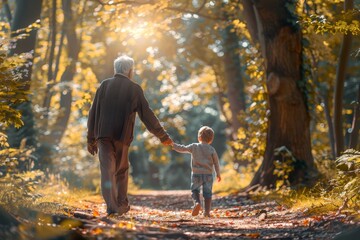 Wall Mural - An older man and a young child hold hands as they walk through the forest, A senior holding hands with a grandchild while walking through a sunlit forest path