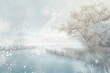 © Iftikhar alam - A painting depicting a snowy landscape with tall trees and a body of water, A serene, almost celestial white landscape dotted with delicate white accents