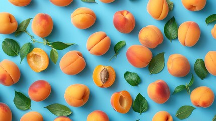 Wall Mural - a colorful flat lay scene with juicy apricots, symbolizing the abundance of summer and the freshness of seasonal produce.