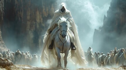 The First of the Four Horsemen of the Apocalypse, Riding a White Horse as a Symbol of Conquest. Bible illustration from the Book of Revelation