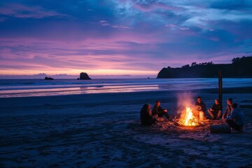 Wall Mural - Individuals sitting around a fire on a beach at sunset, A serene beach at sunset, where a family gathers around a bonfire to roast marshmallows and share stories