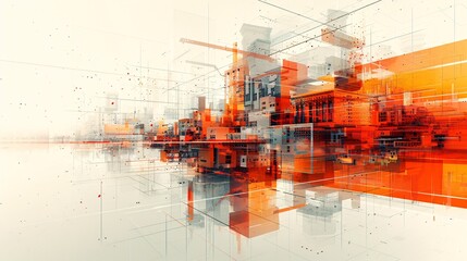Wall Mural - a captivating color illustration depicting the synergy between digital building construction engineering and abstract graphic design in a double exposure concept