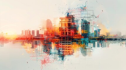 Wall Mural - a dynamic color illustration blending digital building construction engineering with abstract graphic elements in an intriguing double exposure composition