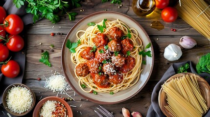 Sticker - Top view of a plate filled with spaghetti and meatballs with some ingredients for preparation like tomatoes parsley garlic olive oil and cheese